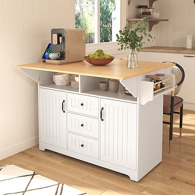 Whisen Modern Kitchen Island with Drop Leaf, Power Outlet and Drawers