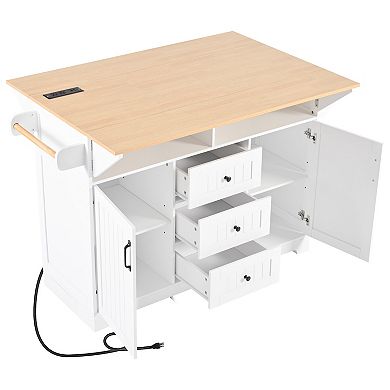Whisen Modern Kitchen Island with Drop Leaf, Power Outlet and Drawers