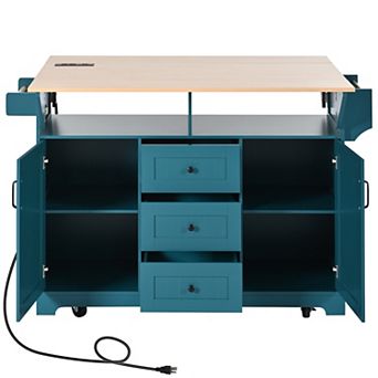 Whisen Modern Kitchen Island with Drop Leaf, Power Outlet and Drawers