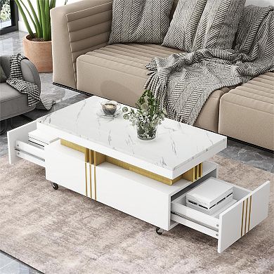 Whisen Contemporary Coffee Table with Faux Marble Top, Rectangle Cocktail Table with Caster Wheels