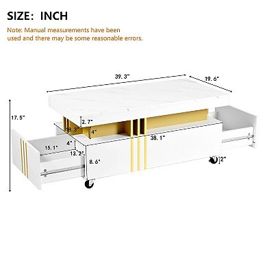 Whisen Contemporary Coffee Table with Faux Marble Top, Rectangle Cocktail Table with Caster Wheels