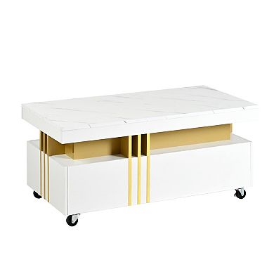 Whisen Contemporary Coffee Table with Faux Marble Top, Rectangle Cocktail Table with Caster Wheels