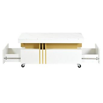 Whisen Contemporary Coffee Table with Faux Marble Top, Rectangle Cocktail Table with Caster Wheels