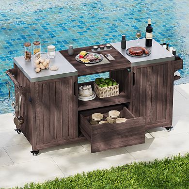 Whisen Outdoor Kitchen Island for Egg-shaped Grills, Solid Wood Outdoor Grill Cart