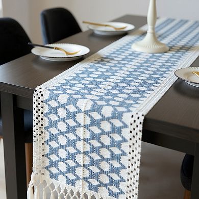 Geometric Woven Table Runner with Tassel Fringe Edges