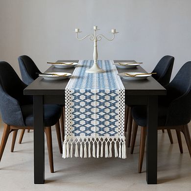 Geometric Woven Table Runner with Tassel Fringe Edges