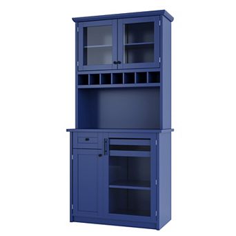 Whisen 74.8"H Farmhosue Pantry Storage Cabinet with Hutch, Wine Rack and Adjustable Shelves