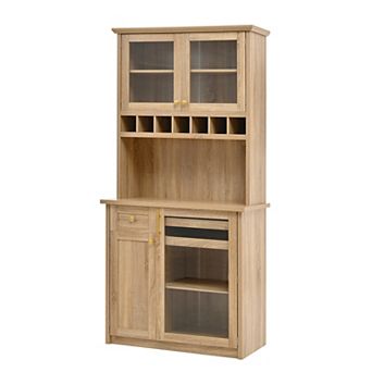 Whisen 74.8"H Farmhosue Pantry Storage Cabinet with Hutch, Wine Rack and Adjustable Shelves