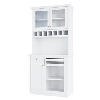 Whisen 74.8"H Farmhosue Pantry Storage Cabinet with Hutch, Wine Rack and Adjustable Shelves