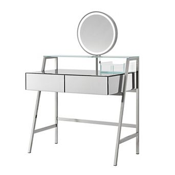 Whisen Mirrored Makeup Vanity Desk with Mirror, Lights, Charging Station, 2 Drawers and Open Shelf