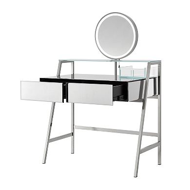 Whisen Mirrored Makeup Vanity Desk with Mirror, Lights, Charging Station, 2 Drawers and Open Shelf
