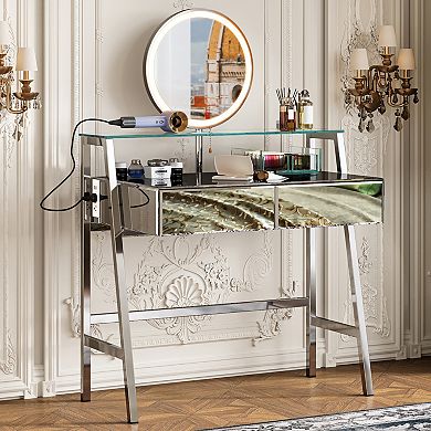 Whisen Mirrored Makeup Vanity Desk with Mirror, Lights, Charging Station, 2 Drawers and Open Shelf