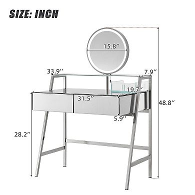 Whisen Mirrored Makeup Vanity Desk with Mirror, Lights, Charging Station, 2 Drawers and Open Shelf