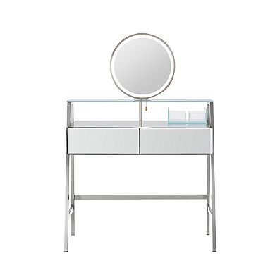 Whisen Mirrored Makeup Vanity Desk with Mirror, Lights, Charging Station, 2 Drawers and Open Shelf