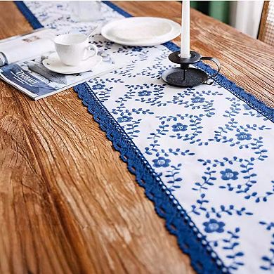 Floral Embroidered Table Runner with Crocheted Lace Edges