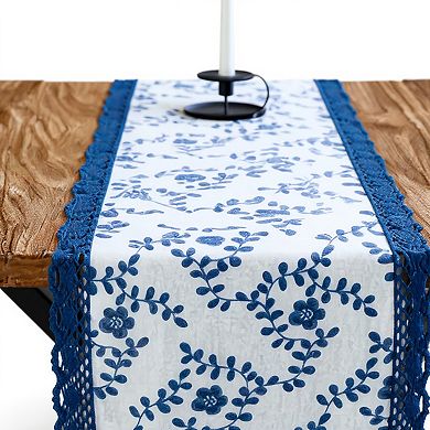 Floral Embroidered Table Runner with Crocheted Lace Edges