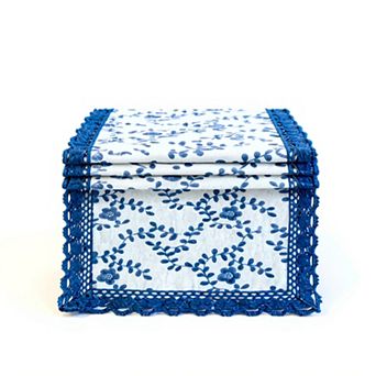 Floral Embroidered Table Runner with Crocheted Lace Edges