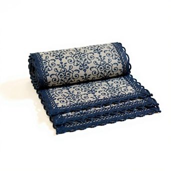 Floral Embroidered Table Runner with Crocheted Lace Edges