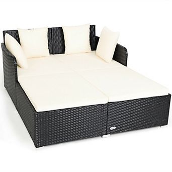 Outdoor Rattan Daybed with Cushions and Pillows - White