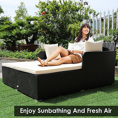 Outdoor Rattan Daybed with Cushions and Pillows - White
