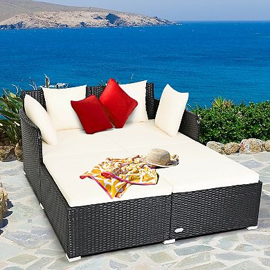 Outdoor Rattan Daybed with Cushions and Pillows - White