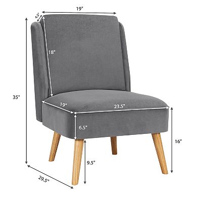 Grey Velvet Armless Accent Chair with Rubber Wood Legs for Bedroom