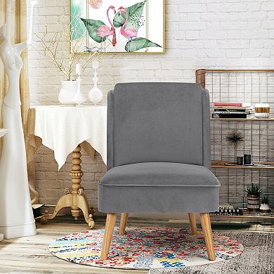 Grey Velvet Armless Accent Chair with Rubber Wood Legs for Bedroom