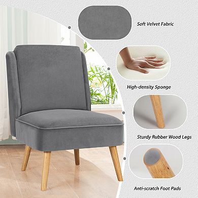Grey Velvet Armless Accent Chair with Rubber Wood Legs for Bedroom