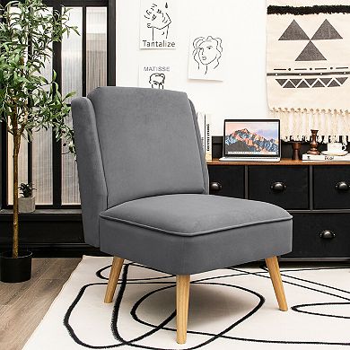 Grey Velvet Armless Accent Chair with Rubber Wood Legs for Bedroom