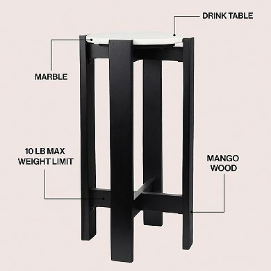 Elena 24" Structured Wood Drink Table and Decorative End Table with White Marble Round Top