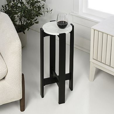 Elena 24" Structured Wood Drink Table and Decorative End Table with White Marble Round Top