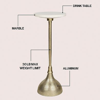 23.75" Metal Pedestal Drink Table and Decorative End Table, White Marble Round Top and Hammered Base