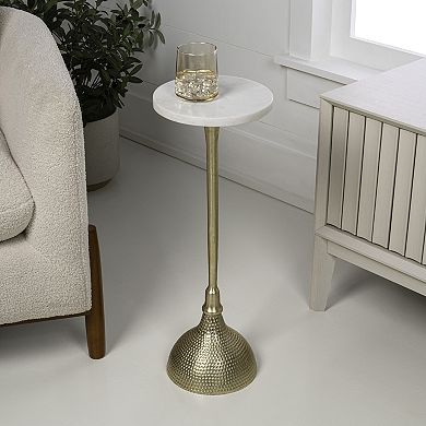 23.75" Metal Pedestal Drink Table and Decorative End Table, White Marble Round Top and Hammered Base