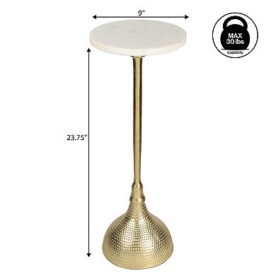 23.75" Metal Pedestal Drink Table and Decorative End Table, White Marble Round Top and Hammered Base