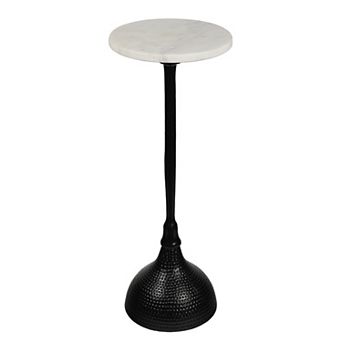 23.75" Metal Pedestal Drink Table and Decorative End Table, White Marble Round Top and Hammered Base