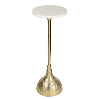23.75" Metal Pedestal Drink Table and Decorative End Table, White Marble Round Top and Hammered Base