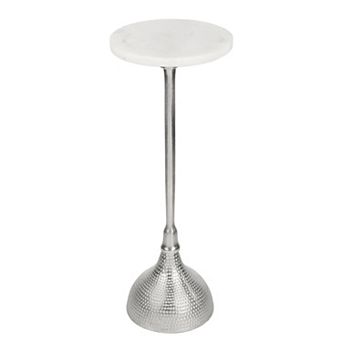 23.75" Metal Pedestal Drink Table and Decorative End Table, White Marble Round Top and Hammered Base