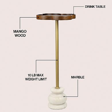 Colby 24.5" Wood/Metal Drink Table and Decorative End Table with Quatrefoil Top, White Marble Base