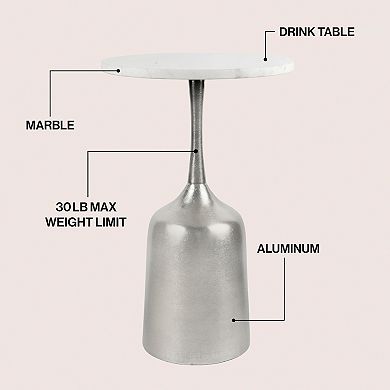 Pip 20.25" Metal Drink Table and Decorative End Table with White Marble Round Top Bell Pedestal Base