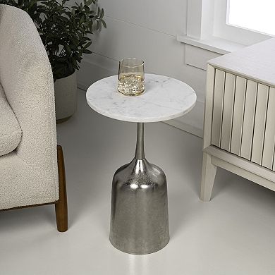 Pip 20.25" Metal Drink Table and Decorative End Table with White Marble Round Top Bell Pedestal Base