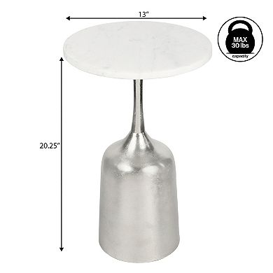 Pip 20.25" Metal Drink Table and Decorative End Table with White Marble Round Top Bell Pedestal Base
