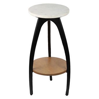 24.5" Metal Tripod Drink Table and Decorative End Table with White Marble Round Top, Wood Undershelf