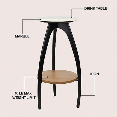 24.5" Metal Tripod Drink Table and Decorative End Table with White Marble Round Top, Wood Undershelf