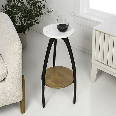 24.5" Metal Tripod Drink Table and Decorative End Table with White Marble Round Top, Wood Undershelf