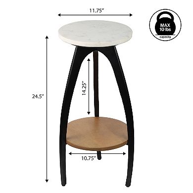 24.5" Metal Tripod Drink Table and Decorative End Table with White Marble Round Top, Wood Undershelf