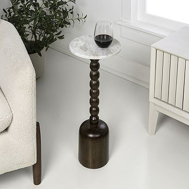 Turner 24.5" Cottage Spindle Wood Column Drink Table and Decorative End Table with Marble Round Top