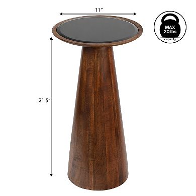 21.5" Mango Wood Drink Table and Decorative End Table with Round Black Glass Top Cone Pedestal Base