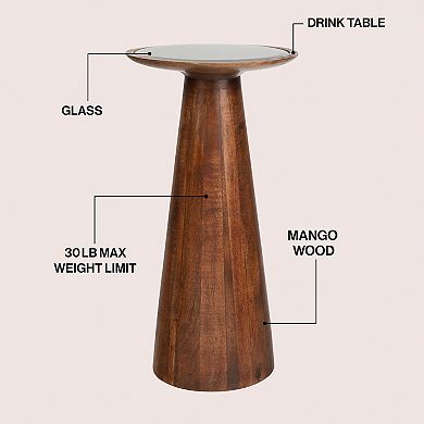 21.5" Mango Wood Drink Table and Decorative End Table with Round Black Glass Top Cone Pedestal Base