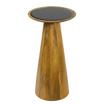 21.5" Mango Wood Drink Table and Decorative End Table with Round Black Glass Top Cone Pedestal Base