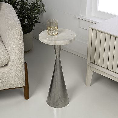 22" Metal Drink Table and Decorative End Table with White Marble Round Top and Cone Pedestal Base